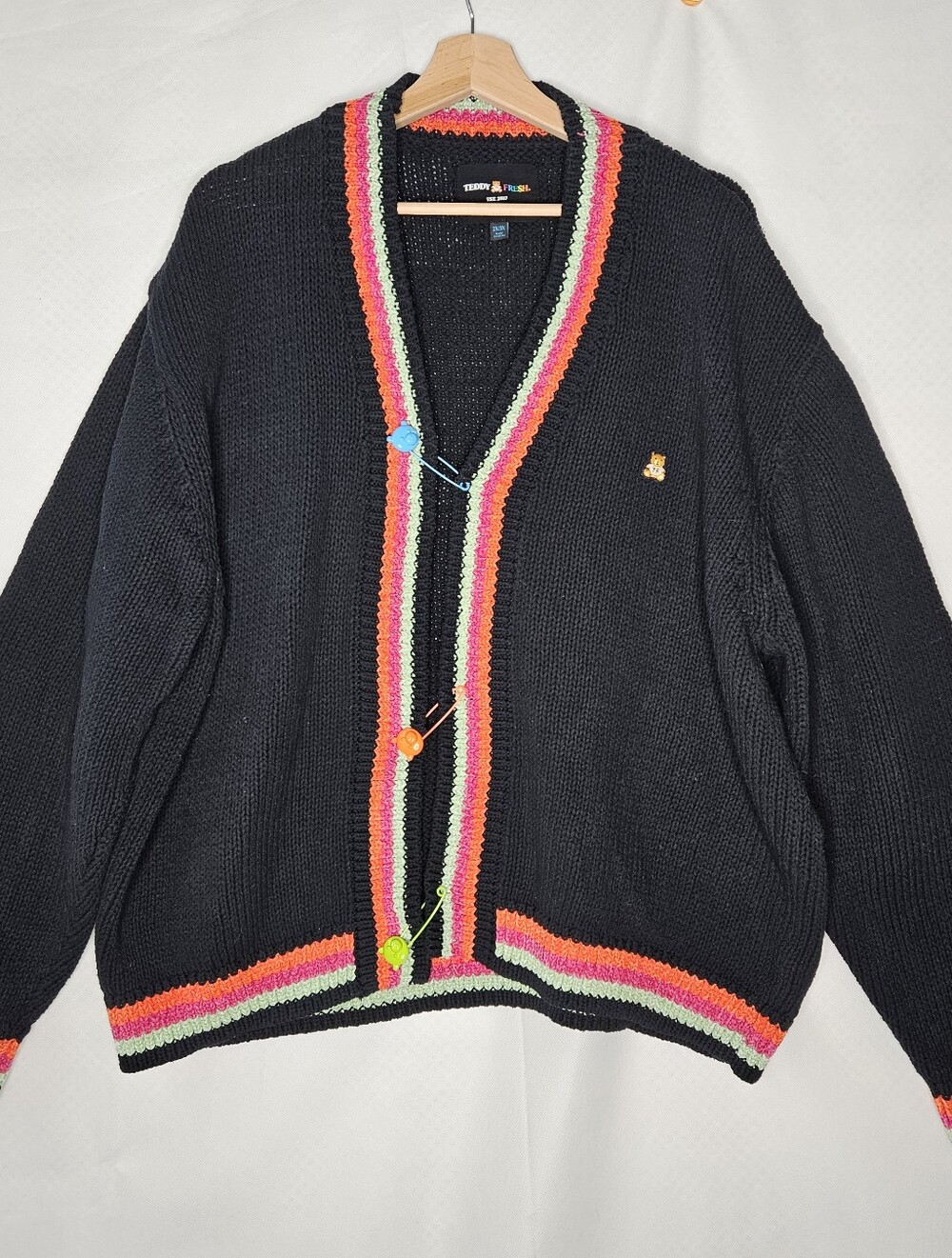 Teddy Fresh Safety Pin Cardigan Sweater Size 2X/3X Black Heavy Cotton Whimsical
